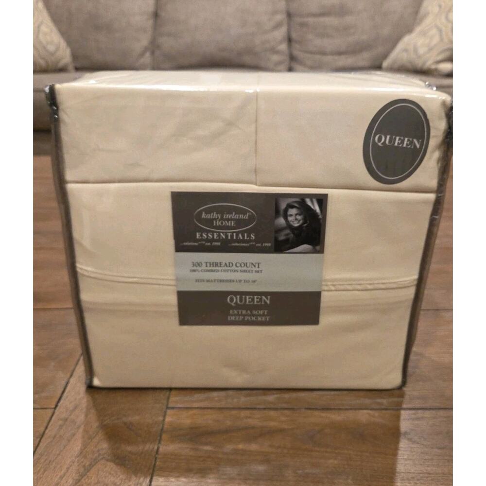 QUEEN Sheet Set 4 PIECE SET Kathy Ireland 300 Count 100% Cotton Percale CREAM